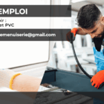 Offre d’emploi chez Halatre Menuiserie à Carcassonne : recherche de 2 fabricants ALU et PVC. Contact par email. Photo d’un menuisier en atelier.